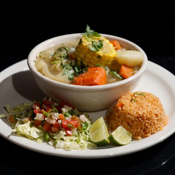 Hearty soup with corn, carrots, and potatoes, served with rice, salad, and lime on a white plate.