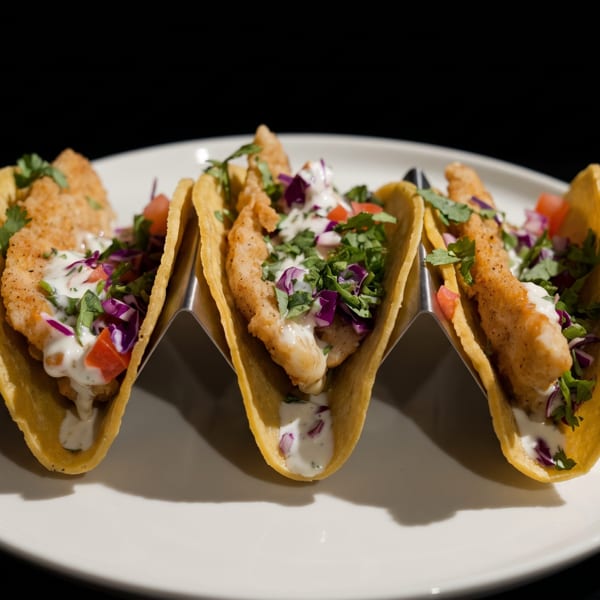 Three crispy fish tacos with white sauce, red cabbage, tomatoes, and cilantro in a metal holder.