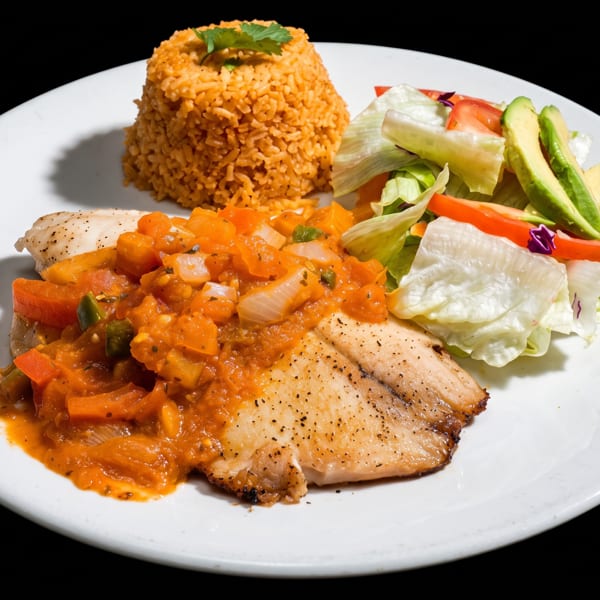 Grilled fish with tomato-vegetable sauce, seasoned rice, and a fresh salad with avocado.