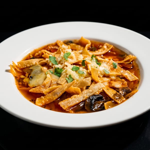 Savory tortilla soup with melted cheese, cilantro, and dark vegetables in a white bowl.