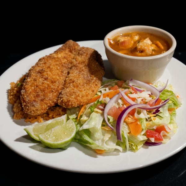 Crispy breaded fish, rice, fresh salad, and shrimp stew served on a white plate.
